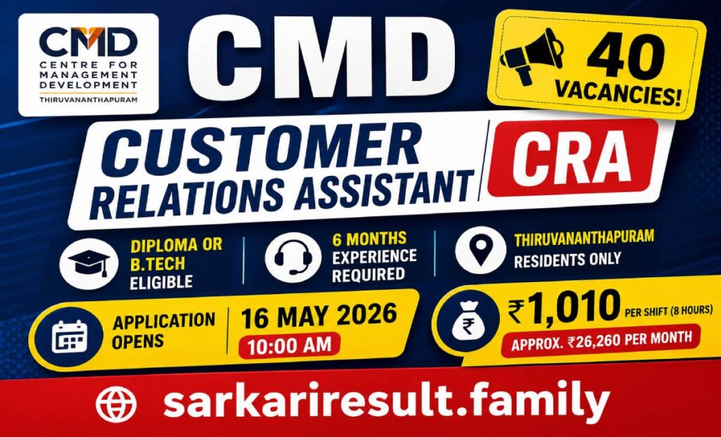 CMD Kerala Customer Relations Assistant salary per shift 2026